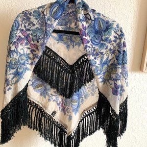 Blue Flower Fringed Shawl